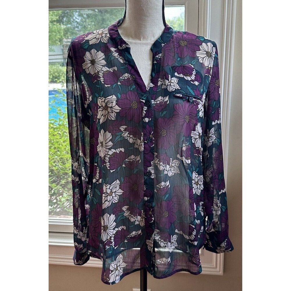 KUT from the Kloth Womens M Medium Floral Sheer Roll‎ Tab Sleeves Blouse